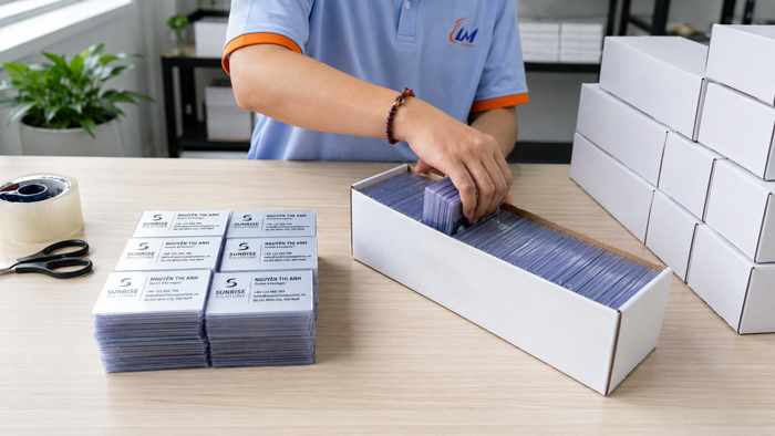 Nhân viên đóng gói name card nhựa trong