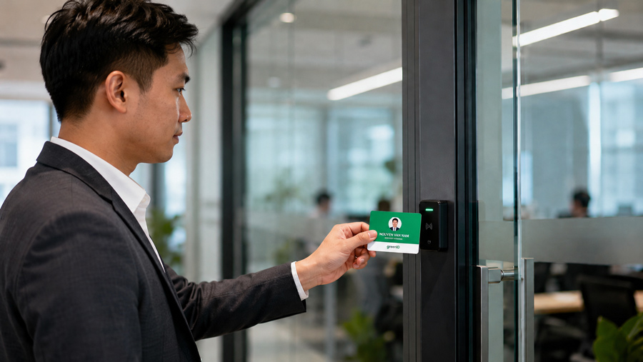 nhân viên quét thẻ chip vào cửa văn phòng